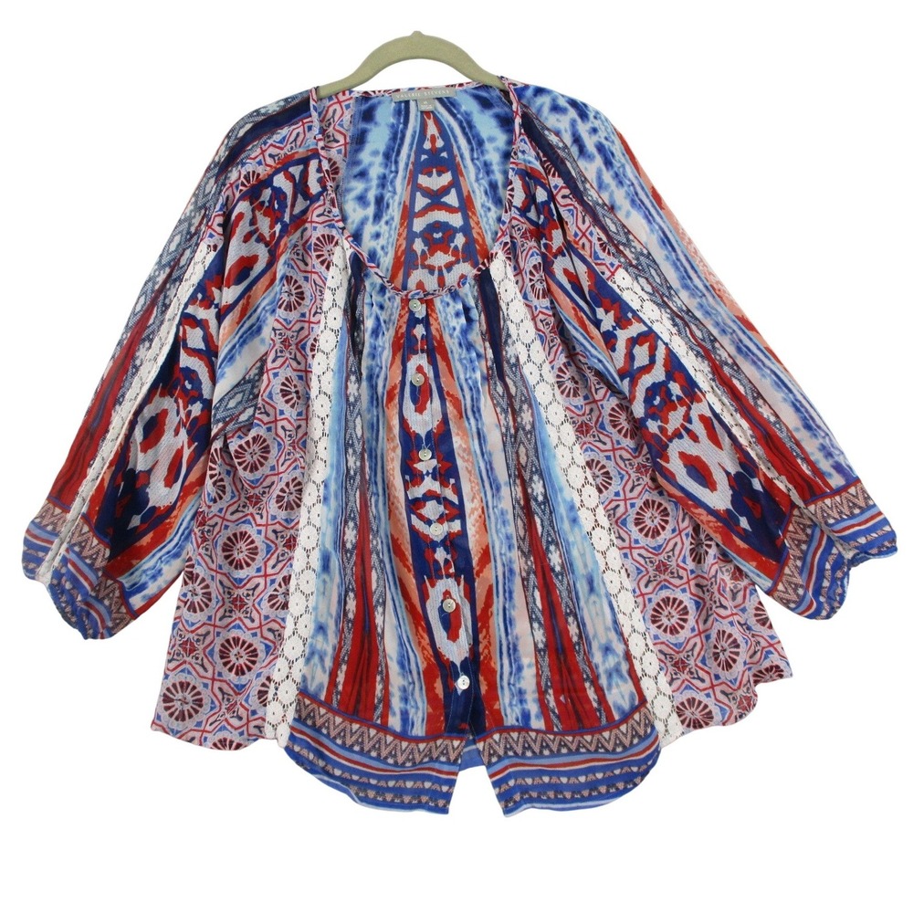 Valerie Stevens Womens XL Boho Lace Trim Button Front Blouse Blue Red ROX742TK‎
